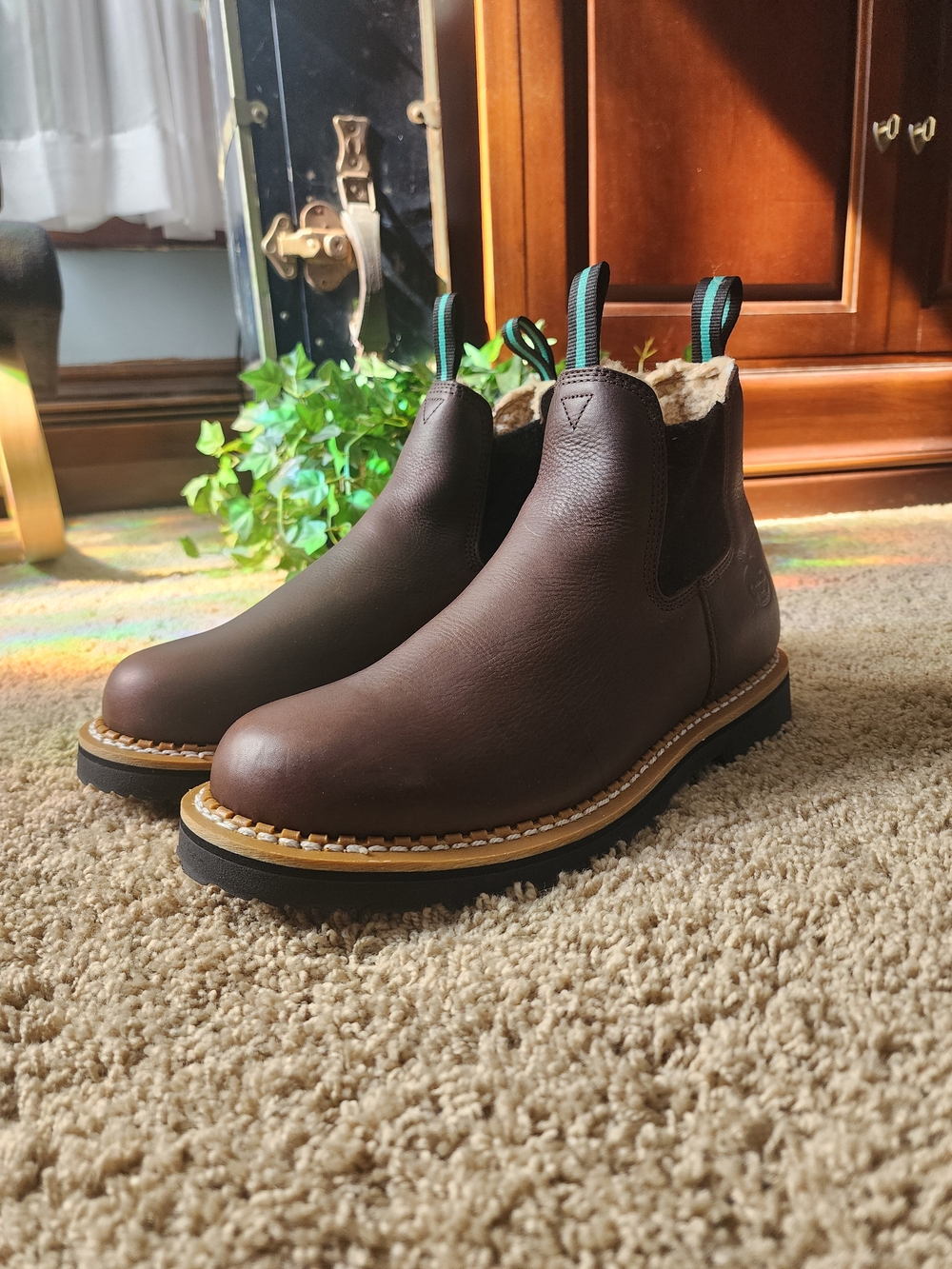 Men's Brown Leather Chelsea Work Boots with Faux Wool Lining